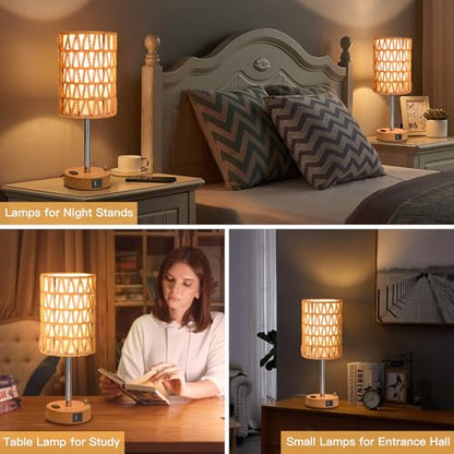 Rattan Table Lamps for Living Room, 3 Way Dimmable Touch Lamps, Small Bedside Lamps with LED Bulbs, Phone Stand, USB Ports and AC Outlet, Boho Nightstand Lamp for Bedroom Office (1 Pack Faux Wood) - size: 1 Pack Faux Wood