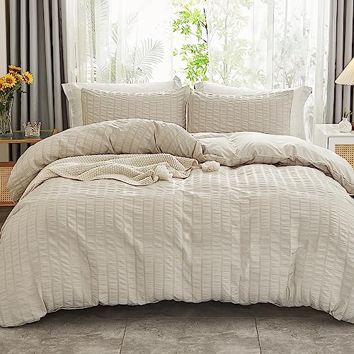 AveLom Seersucker Duvet Cover Set Oversized Queen Size Beige (98 x 98 inches), 3 Pieces (1 Duvet Cover, 2 Pillow Cases), Soft Washed Microfiber Textured Duvet Cover with Zipper Closure, Corner Ties - color: Beige, size: Oversized Queen (98''x98'')