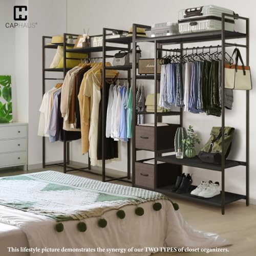 CAPHAUS 979lbs Capacity Heavy Duty Clothing Rack 48" W Metal Garment Rack with Drawers Hanging Rods and Wood Shelves Freestanding Closet Organizer, Black Board - color: Black, size: 48 Inch