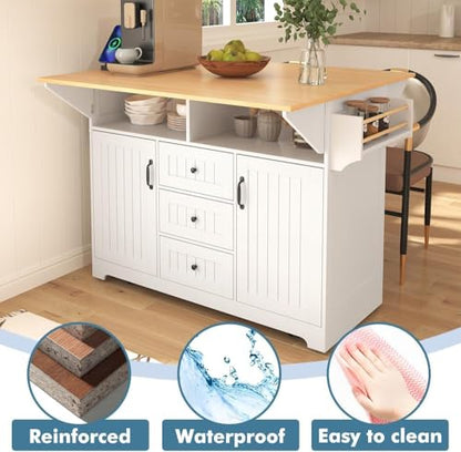 Kitchen Island with 2 Drop Leaf, Home Cart Island on Wheels Foldable Dining Table with Power Outlets,3 Drawers,Storage Cabinet, Tower Rack(White) - color: White