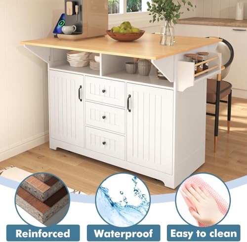 Kitchen Island with 2 Drop Leaf, Home Cart Island on Wheels Foldable Dining Table with Power Outlets,3 Drawers,Storage Cabinet, Tower Rack(White) - color: White