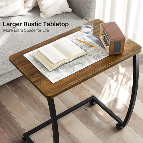 SRIWATANA Dark Walnut C Shaped Side Table with Wheels, Wood End Sofa Table | C-Table with Lockable Wheels Slides Under Sofa, Sturdy Wood Bedside Laptop Desk for Coffee, Snacks, and Study Use - color: Dark Walnut W/ Caster