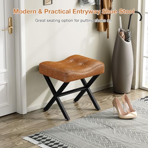 18-Inch Large Leather Vanity Stool Chair, Brown Makeup Stool | Vanity Bench, Metal X-Leg, 350 LBS, 20"x16.9"x18", Ottoman Accent Stool, Thick Padded Saddle Seat, For Living Room Bedroom - size: Large, style: Brown Leather