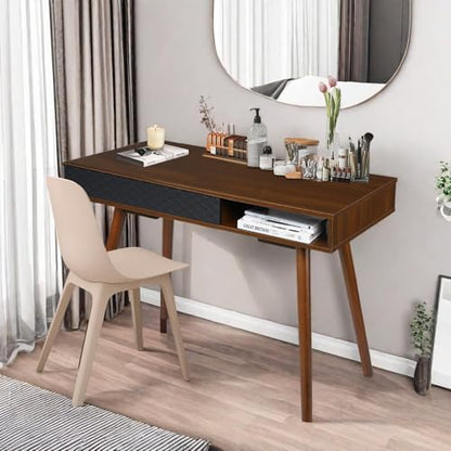42.5 Inch Small Home Office Desk with Drawers, Mid Century Modern Minimalist Writing Desk, Slim Wood Computer Table with Storage for Apartments, Dorms, Easy to Assemble, Walnut