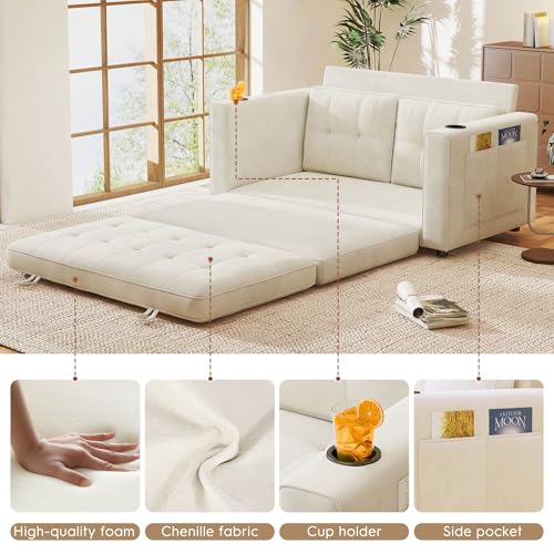 55" Convertible Folding Sofa Bed, Pull Out Couch Love Seat Sleeper Bed, Small Fold Out Loveseat sleeper with Cup Holder and Pillow for Small Space, Bedroom Lounge, Dorm, Living Room(Beige Chenille) - color: Beige
