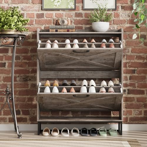 Maupvit Shoe Storage Cabinet with 2 Flip Drawers, Freestanding Organizer with Metal Legs for Entryway, Narrow Shoe Rack Cabinet, Light Rustic Oak - color: Light Rustic Oak, style: 2-Drawers