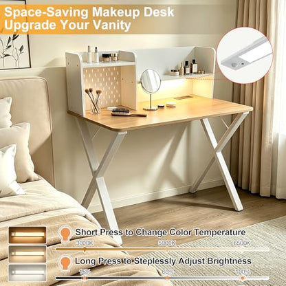 Lightdot 44"×24" White Computer Desk with Motion Sensor Light, Home Office Gaming Desk with Charging Station Pegboard, Modern Study Desk for Work Bedroom Game Kids Room Living Room - color: White/Natural