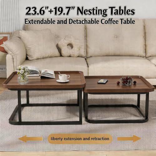 Nesting Coffee Table Set of 2 – Square Small Coffee Tables for Living Room, Bedroom, Balcony, Versatile End Table Set,Space Saving Mid Century Modern Nesting Coffee Tables Stackable, - color: Walnut