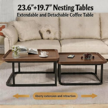 Nesting Coffee Table Set of 2 – Square Small Coffee Tables for Living Room, Bedroom, Balcony, Versatile End Table Set,Space Saving Mid Century Modern Nesting Coffee Tables Stackable, - color: Walnut