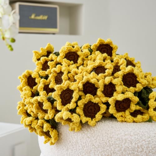 Crochet Flower Bouquet Throw Blanket, Handmade Knitted Blanket with Sunflower, Cute Romantic Gift for Her Girlfriend Mom Mother’s Day Valentine Wedding Anniversary Birthday (Without Packaging Bag) - color: Sunflower, size: 32 Inches