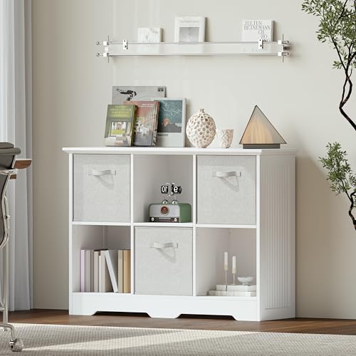 VORONOI 6 Cube Storage Organizer with 3 Fabric Drawers and Removable Shelves — Modular Cube Bookshelf for Bedroom, Living Room, or Home Office, Short Cube Bookcase for Toys, Decor,White - color: White, size: 6-Cube