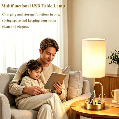 Dreamholder 2 Pack Table Lamp, Bedside Lamp with 3 USB Charging Ports & AC Outlet, USB Desk Lamp with 2 Phone Holders, Linen Fabric Shade Nightstand Lamps for Bedroom Living Room Office, Gold - color: Gold