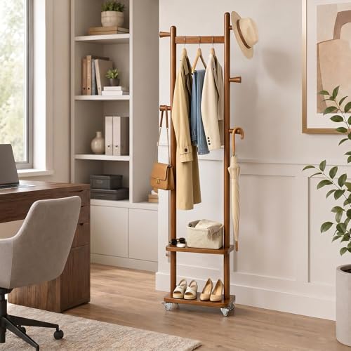 Small Clothes Rack Solid Wood Coat Rack Freestanding with Wheels | Space Saving, Stable 5 Hooks 2 Shelves Coat Tree, Silent 360 Degree Wheels, Heavy Duty 150 lb Capacity for Entryway Bedroom - color: Walnut Brown, size: S: 15.7" x W: 11.8" x H: 70" (With