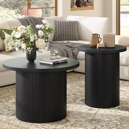 Nesting Coffee Table Set of 2, Mid Century Modern Round Coffee Tables, Wood Slat Side Table Set for Living Room, Office, Balcony, Textured Black - color: Black