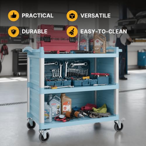 NorthSky Select Dual-Handle Utility Service Cart, 3 Shelves, 440 lb. Capacity -Black Plastic Shelve, Lockable Swivel Casters - Suitable for Hospital, Lab, Hotel (29.5 in & Blue Plastic Shelves) - size: 29.5 IN & Blue Plastic Shelves