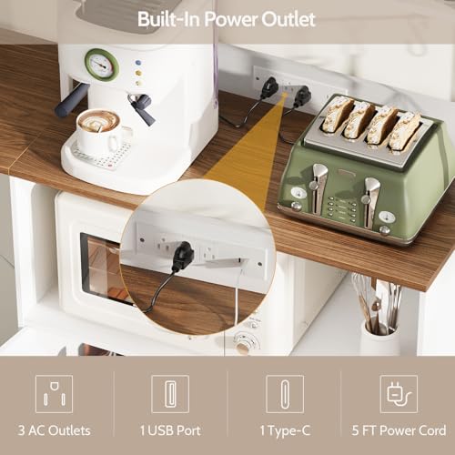 Bakers Rack with Power Outlet and Storage, 5-Tier Microwave Stand | Farmhouse Kitchen Hutch with Cabinet and Wheels, Coffee Bar with Foldable Side Table, Storage Shelves, 6 Hooks, White - color: White