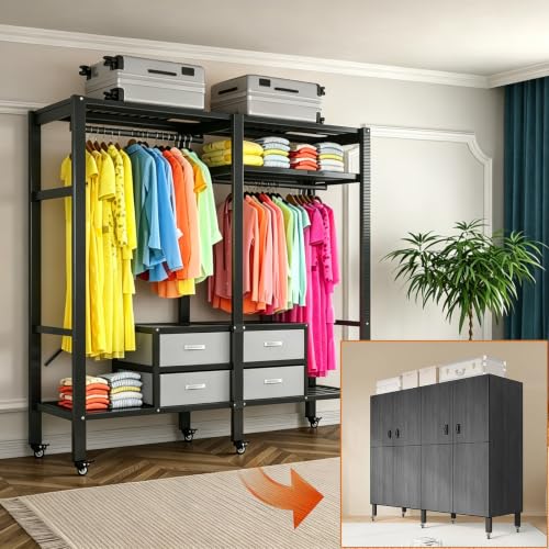 Portable Closet with Drawers Heavy Duty with Cover, KT-Black L:49in/125cm | Foldable Portable Armoire Wardrobe Closet for Hanging Clothes Rack and Wheel, Garment Rack for Bedroom Storage - color: Kt Black, size: L:49.2in/125cm