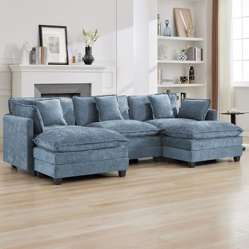111'' Sectional Cloud Deep Seat Couch, Oversized Chenille U Shaped Sectional Sofa for Living Room Set, Comfy Upholstered Modular 5-Seats Sectional Sofa Couch with 2 Movable Ottoman, Blue - color: Blue, size: 111'' U Shape