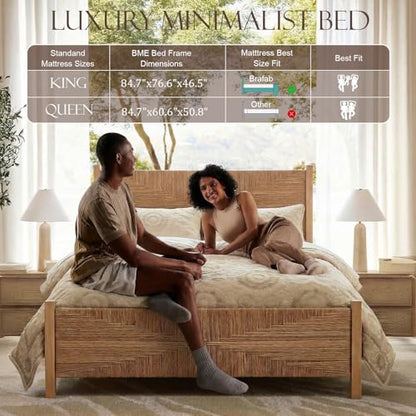 Brafab King Size Rattan Bed Frame, Boho Bed Frame with Hand Woven Wicker Headboard & Footboard, Mid-Century Solid Wood Posts and Feet, Metal Slat, No Box Spring Needed, Natural Oak - size: King (U.S. Standard)