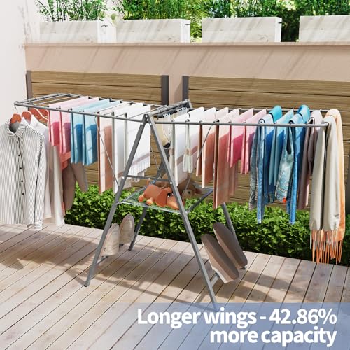 6 Height Adjustable Clothes Drying Rack with Shoe Slots, Grey | Pre-Assembled, Stable Load Structure, 22 Drying Rails, Foldable Space-Saving For Efficient Indoor & Outdoor Airflow Drying - color: Gray