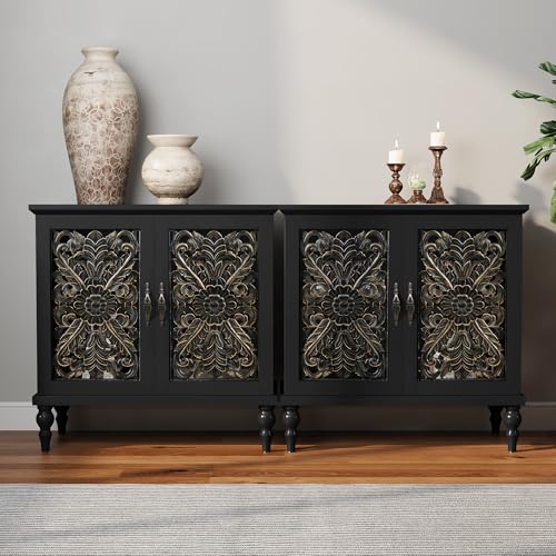 ARTPOWER Accent Cabinet with 2 Doors, Vintage Carved Wood Credenza Set of 2 | Hand Painted Carved Door Sideboard & Buffet Cabinet, Wood Storage Cabinet for Kitchen, Dining Room, Entryway, Hallway - color: Black, size: 2 Piece