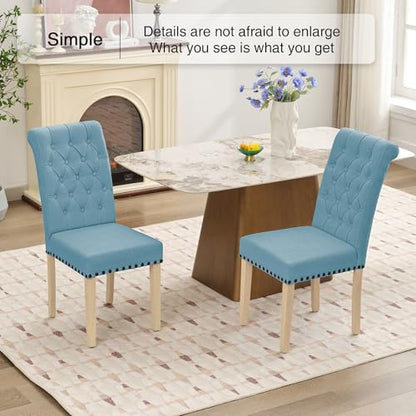 adochr Linen Dining Chairs Set of 6, Armless Parsons Chairs,Light Blue | Wooden Legs & Tufted Buttons, Upholstered Dining Room Chair for Kitchen/Dining Room/Living Room - color: Light Blue, size: 6PCS