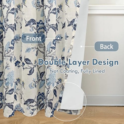 DriftAway Ada Floral Botanical Print Flower Leaf Lined Thermal Insulated Room Darkening Linen Blend 100% Blackout Back Tab Window Curtains 2 Layers Set of 2 Panels Each 52 Inch by 84 Inch Navy - color: Navy-back Tab, size: 52"W x 84"L (Pack of 2)