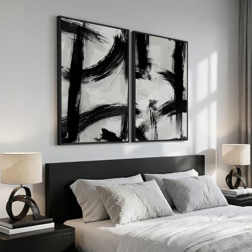 Framed Black and White Abstract Wall Art Set of 2 for Living Room, Large Mid Century Modern Canvas Artwork for Walls, Contemporary Minimalist Ink Painting Print Wall Decor for Bedroom Office, 24x36 In - color: Black and White, size: 24" W x 36" H x 2Pcs