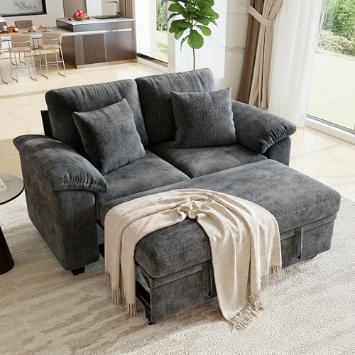 61” Pull Out Couch, 2 in 1 Sleeper Sofa Bed with Throw Pillow, Convertible Small Loveseat Sleeper Couch for Living Room, Bedroom, Apartment (Gray) - color: Grey, size: 2 Seat Sleeper