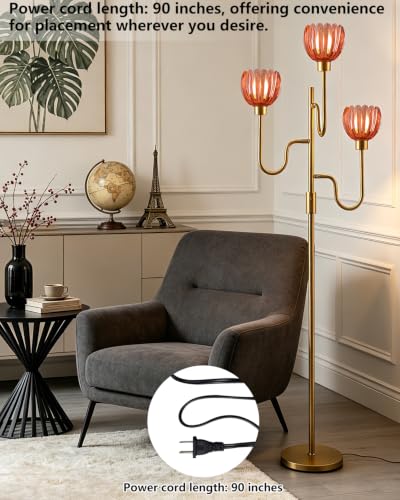 Lightdot Dimmable Red Glass Floor Lamp Mid Century Modern Gold Floor Lamps with Warm White Bulbs Included 3-Arm Standing Tall Lamp with 5Lbs Heavy Base for Living Room/Bedroom/Home Office - color: 3 Red Tulip-Gold