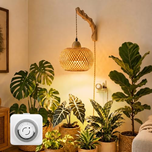 Wall Mounted Grow Lights for Indoor Plants with Timer, Hanging Light | 3500K Full Spectrum Pendant Grow Light, Rattan Shade Decorative Plant Light, 19.7FT Cord for Living Room Corners Plants