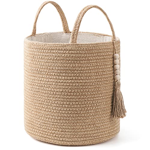 Mkono Woven Storage Basket for Blanket, Toys Plant Organizer, 11"W x 11"L | Brown, Jute, Decorative Basket with Handle, Wood Beads Tassel, Shoes Towel Clothes Storage Bin, Living Room Bedroom Nursery - color: Brown, size: 11" W × 11"L