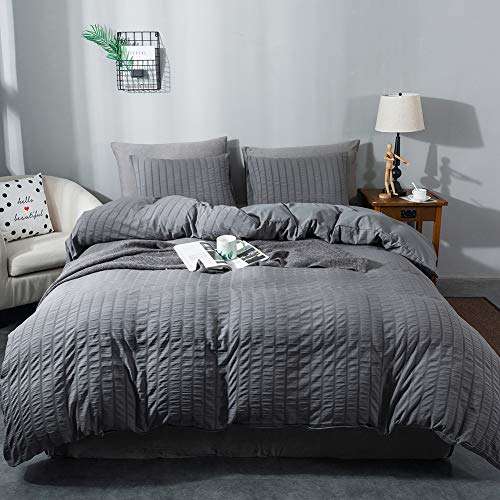 AveLom Gray Duvet Cover King Size, Textured Seersucker Duvet Cover Set, Soft Washed Microfiber with Zipper Closure and Corner Ties, 3 Pieces, 104" x 90" Duvet Cover & 2 Pillowcases - color: Dark Gray, size: King(104''x90'')