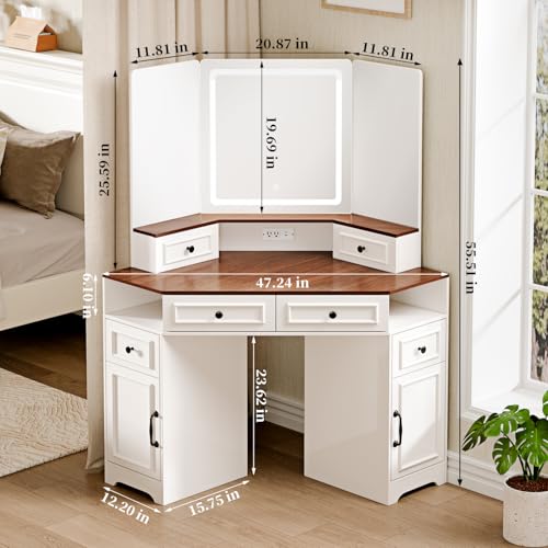 Corner Vanity Desk with Mirror and Lights,Makeup Vanities with Power Outlet and 6 Drawers, 3 Light Settings, Dimmable for Women Girls, Bedroom, White - color: White