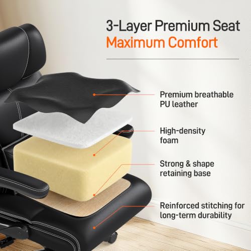 Office Chair, Executive Mid-Back Computer Desk Chair with Flip-up Armrests | 300 Lbs Ergonomic Leather Swivel PC Chair with Rock Function for Working Studying (Black) - color: Black