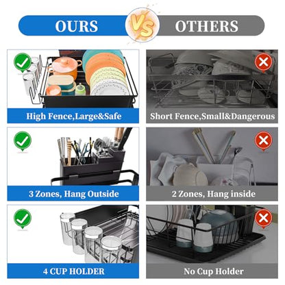 Simple Trending Dish Drying Rack for Kitchen Counter, 12" D x 16" W, Black | Stainless Steel Dish Rack for Kitchen Counter, Dish Drainer with Cutlery & Cup Holders, Anti-Rust, Counter Space Saving - size: 11.7"D x 16.5"W x 6"H