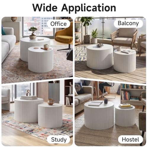 Nesting Round Coffee Table Set of 2 White No Assembly | Nesting Drum Tables, Modern End Table with Vertical Fluted Design Coffee Tables for Living Room, Office, Bedroom - color: White