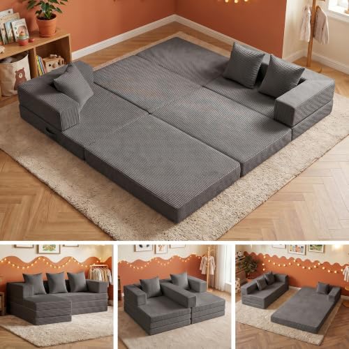 6-in-1 Tri-Folding Mattress | Cloud Boneless L-Shaped Modular Sectional Couches | Corduroy Pet-Friendly Convertible Futon Sofa Bed with 800LB Capacity Apartment, Guest Room, Game Room - color: Grey