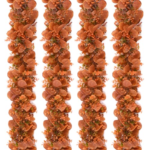 4Pack Eucalyptus Garland, Fall Artificial Eucalyptus Garland with Flowers | Orange Silk Greenery Garland Faux Silver Dollar Fake Ivy Vines for Rustic Wedding Arch Table Runner Mantel Wall Hanging Decor - color: Fall Eucalyptus Garland, size: 4Pcs