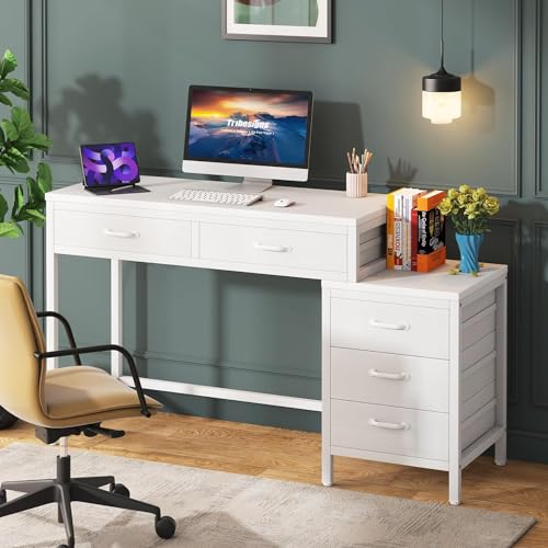 Tribesigns Computer Desk with 5 Drawers, Reversible Home Office Desks | Small Desk with Drawer Cabinet Printer Stand, PC Desk with Storage, White Study Writing Table Workstation for Small Spaces - color: White