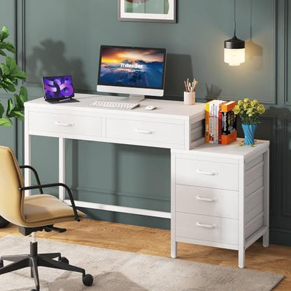 Tribesigns Computer Desk with 5 Drawers, Reversible Home Office Desks | Small Desk with Drawer Cabinet Printer Stand, PC Desk with Storage, White Study Writing Table Workstation for Small Spaces - color: White
