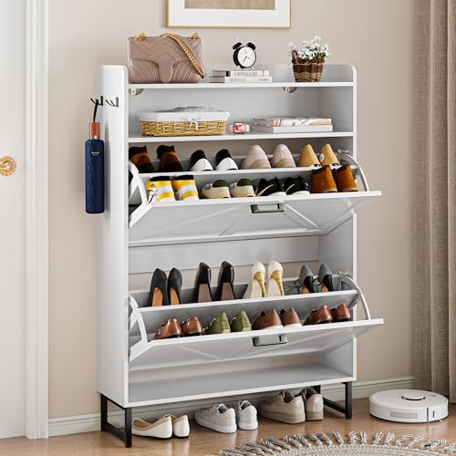 Shoe Storage Cabinet with 2 Flip Drawers, Narrow Wood Shoe Cabinet Storage for Entryway with Metal Legs & Hooks, Adjustable Shelves, Freestanding Shoe Rack Organizer for Foyer, Hallway, White - color: White, style: 2 Drawers