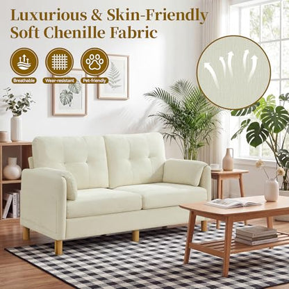 Mid Century Modern Couch, 65" Loveseat Sofa, Ivory | Storage Pockets, Upholstered Small Loveseat for Small Spaces, Bedroom, Home Office, Apartments - color: Beige
