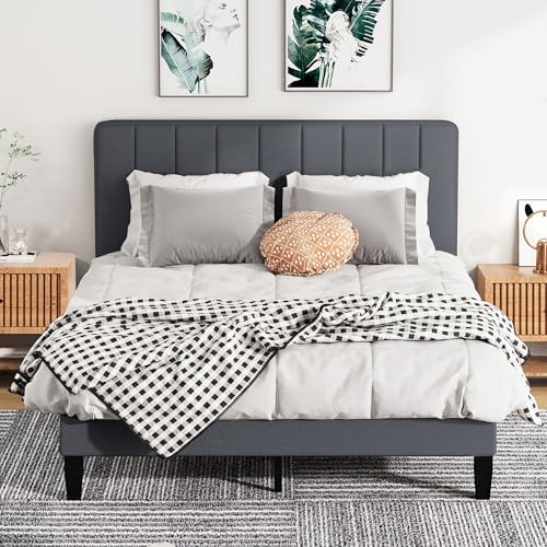 Queen Size Bed Frame with Headboard, Platform Bed with Soft Linen Upholstered Headboard | Wooden Slats Support | Adjustable Height | No Box Spring Needed, Queen Bed Frame Grey - color: Linen-dark Grey, size: Queen (U.S. Standard)