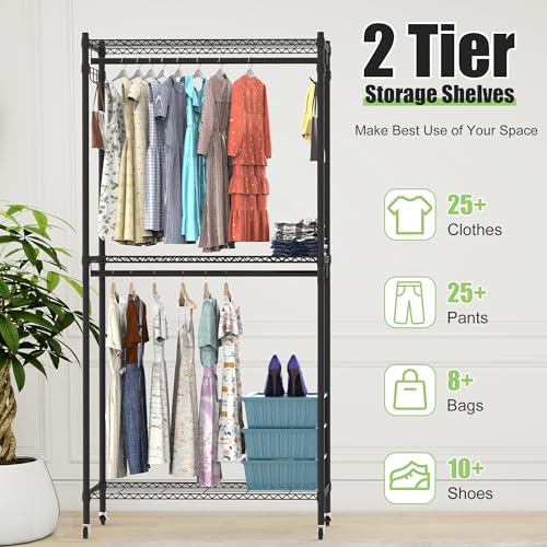 2 Tier Rolling Garment Racks with Cover, 35.43'' x 17.13'' x 72.44'' Portable Wardrobe Closet Covered Clothing Rack with Wheels Hooks for Bedroom Laundry Living Room - size: 35.43"D x 17.13"W x 72.44"H