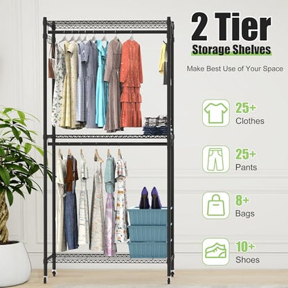 2 Tier Rolling Garment Racks with Cover, 35.43'' x 17.13'' x 72.44'' Portable Wardrobe Closet Covered Clothing Rack with Wheels Hooks for Bedroom Laundry Living Room - size: 35.43"D x 17.13"W x 72.44"H