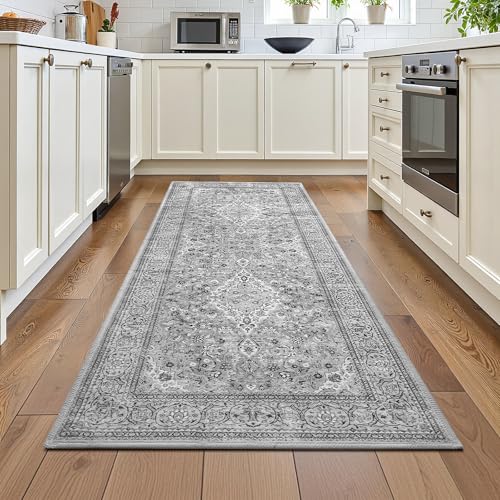 Grey Washable Vintage Runner Rug, 2x6 Boho Bedroom Area Rugs, Soft Non Slip Floral Entryway Carpet Runners, Indoor Low Pile Carpets for Kitchen Hallway Bedside - color: Grey, size: 2' x 6' (Rectangular)