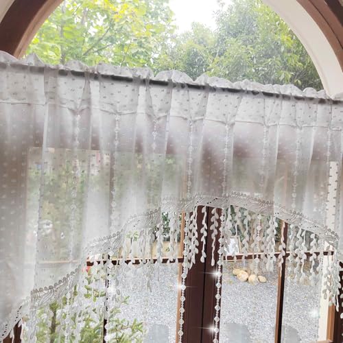 White Arched Sheer Valance Boho Pompom Short Curtain Tier Crystal Beads 1PC | For Doorways Tassels Swag Curtain Room Divider Dining Room Glass Door Rod Pocket (W59 X L43 INCH,White) - size: 59"W x 43"L (Pack of 1)