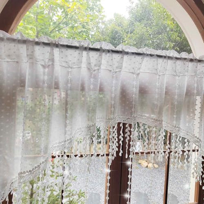 White Arched Sheer Valance Boho Pompom Short Curtain Tier Crystal Beads 1PC | For Doorways Tassels Swag Curtain Room Divider Dining Room Glass Door Rod Pocket (W59 X L43 INCH,White) - size: 59"W x 43"L (Pack of 1)