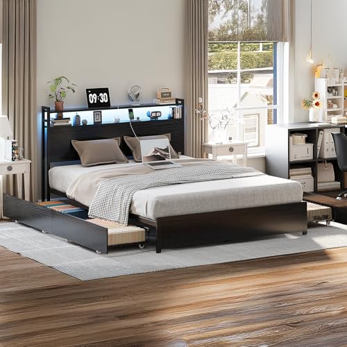 VINGLI Metal Bed Frame King with 4 Drawers and Storage Headboard, Platform with Charging Station and LED Lights, No Box Spring Needed, Noise Free, Easy Assembly, Black - color: Black, size: King/4 Drawers